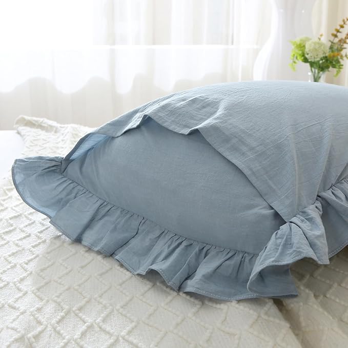 Blue Plaid Ruffle Pillow Shams Standard Size Set of 2, Shabby Checkered Washed - Image 4