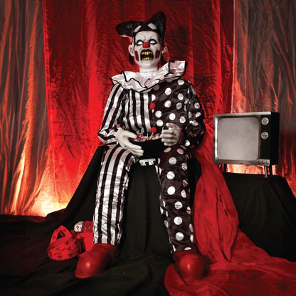 Haunted Hill Farm Hartley The Sitting Scare Clown by Tekky, Motion-Activated Talking Jump-Scare Halloween Animatronic for Halloween Party Prank Decoration, Plug-in or Battery Operated Halloween Props