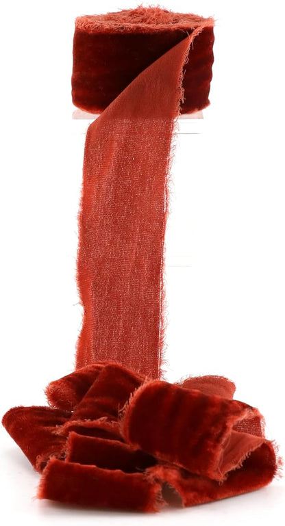 Rust Red Silk Velvet Ribbon 1.5 Inch Frayed Edge Ribbon Rustic Style Fringe - Image 7