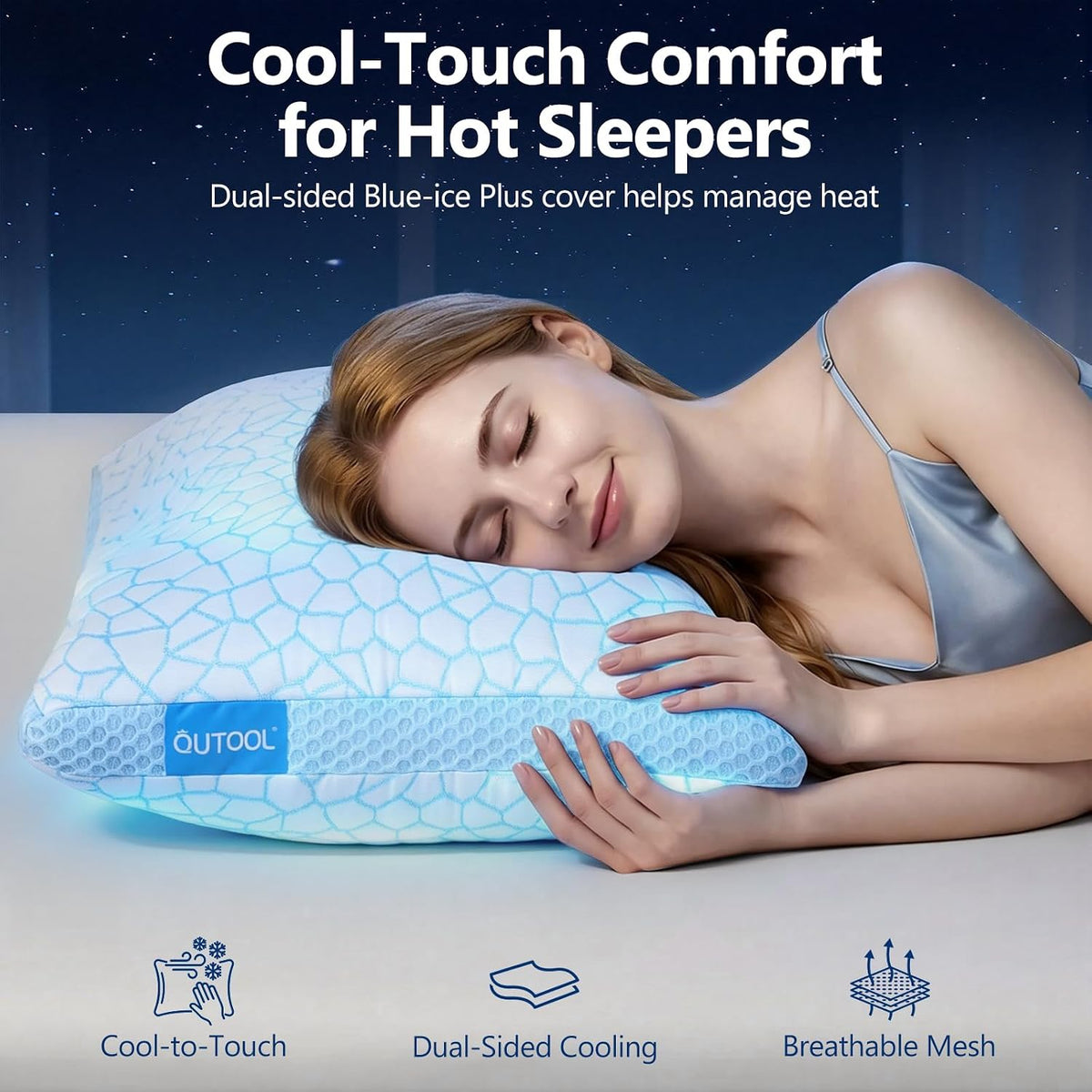 qutool enhanced cooling pillows for sleeping, certipur-us shredded shown in use