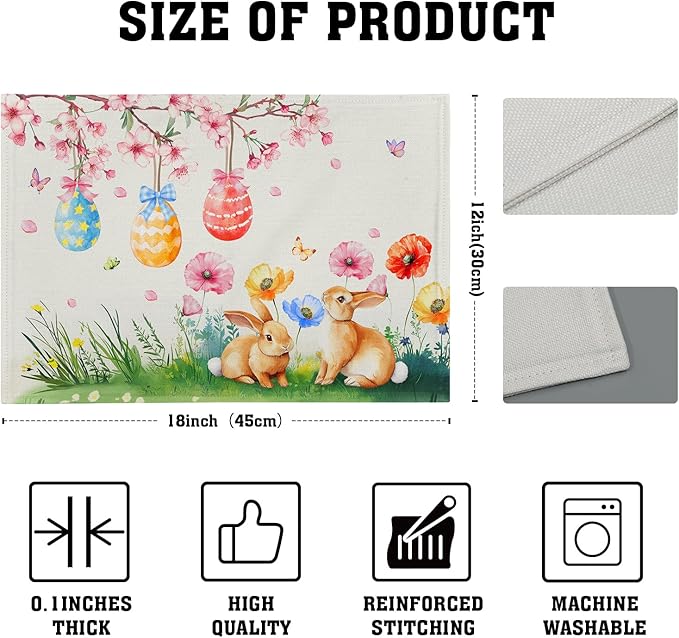 Giwawa Easter Placemats Set of 4 Spring Bunny Rabbits Flowers Place Mat 12x18 - Image 4