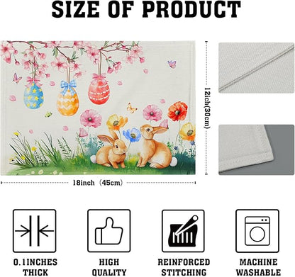 Giwawa Easter Placemats Set of 4 Spring Bunny Rabbits Flowers Place Mat 12x18 - Image 4