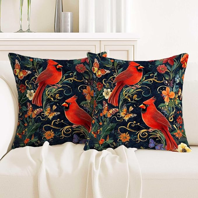 Cardinal Bird Throw Pillow Covers 18x18 Set of 2 | Red Birds Cushion Covers by Unknown