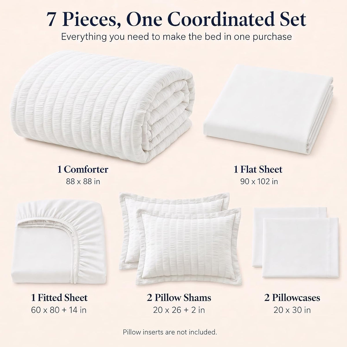 cozylux queen comforter set, 7 pieces white seersucker shown in use
