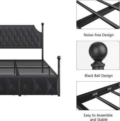 keyluv queen upholstered canopy bed frame with 2, front angle view