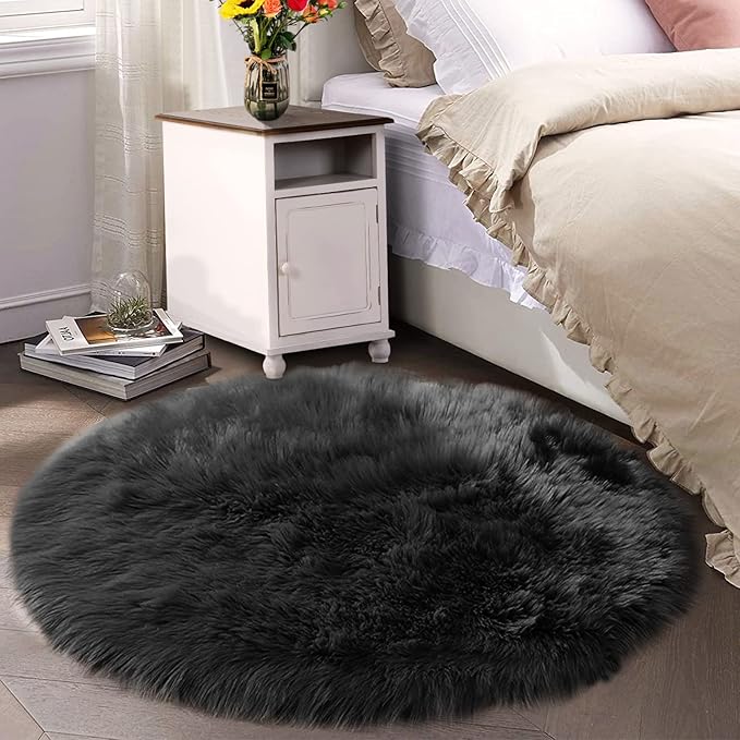 Latepis Black Furry Rugs for Bedroom Circle Faux Sheepskin Fur Rug Fluffy Round by Latepis