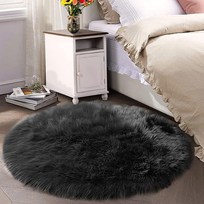Latepis Black Furry Rugs for Bedroom Circle Faux Sheepskin Fur Rug Fluffy Round by Latepis