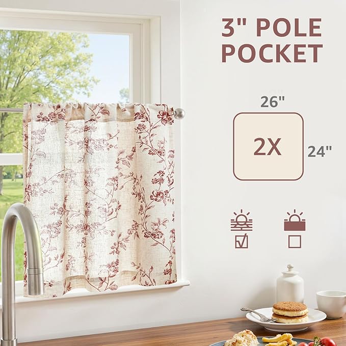 jinchan Floral Kitchen Curtains 24 Inch Christmas Decor Linen Tier Curtains - Image 2