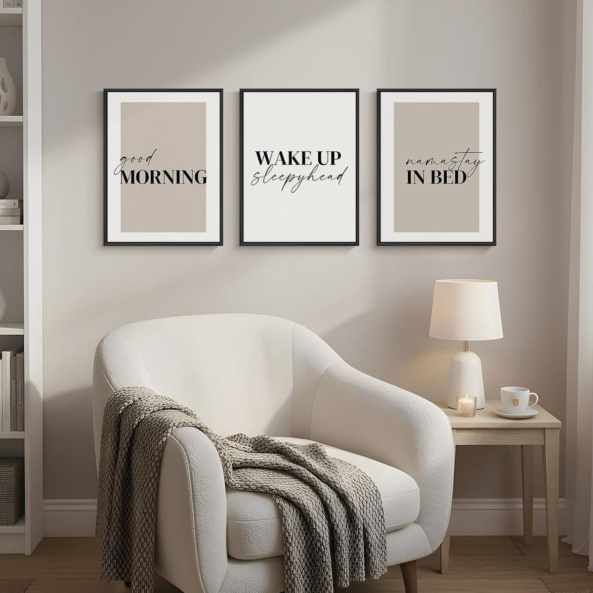 framed neutral 3 piece minimalist canvas wall art, front angle view