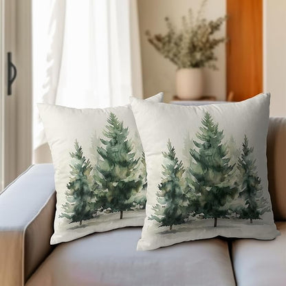 Watercolor Green Tree Throw Pillow Covers 24x24 Inch Set of 2 Green Christmas - Image 6