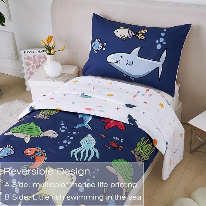 PERFEMET 4 Pieces Toddler Bedding Ocean Animal Printed Toddler Comforter Set - Image 3