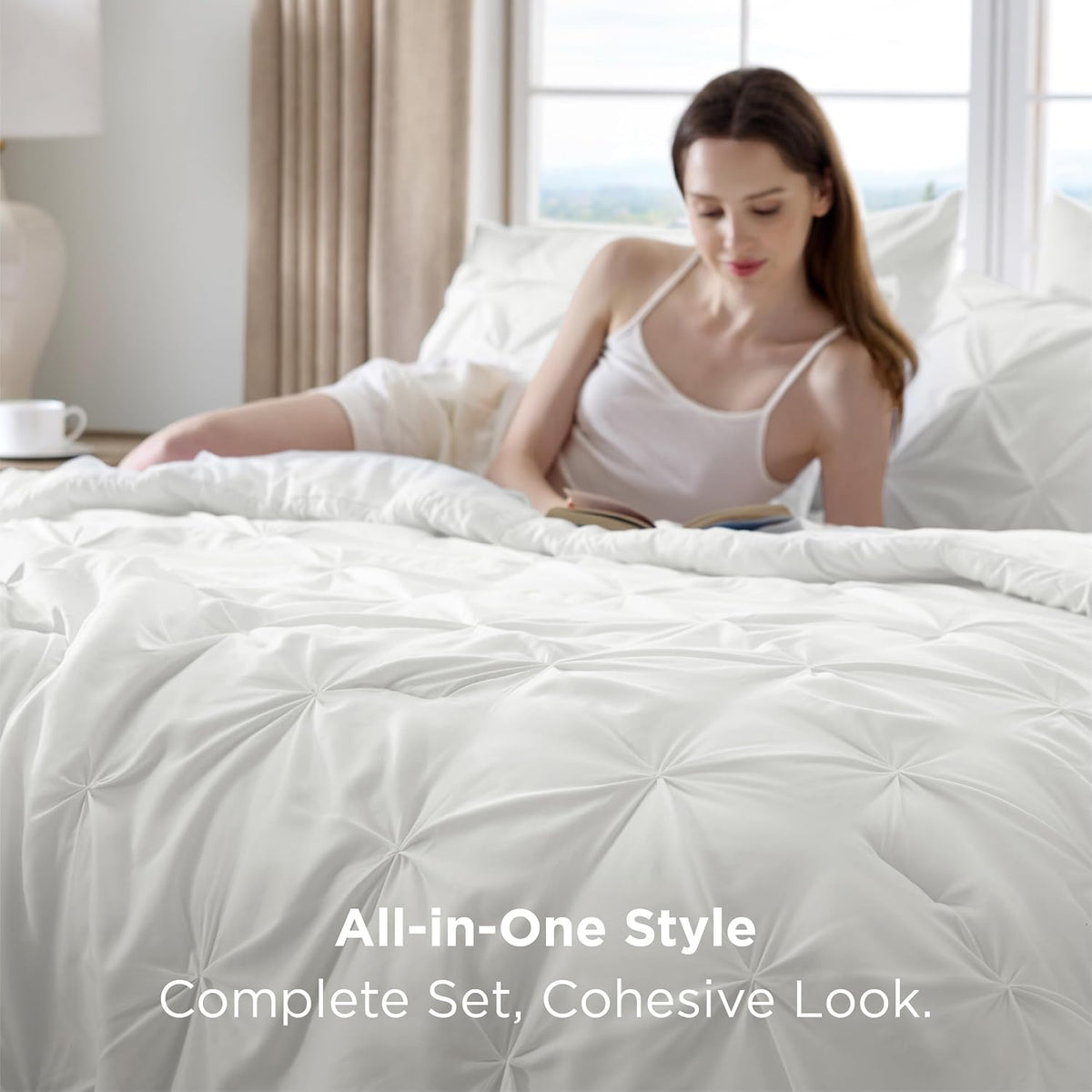 bedsure 7-piece white comforter & sheet set, queen shown in use