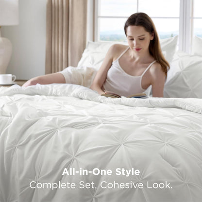 bedsure 7-piece white comforter & sheet set, queen shown in use