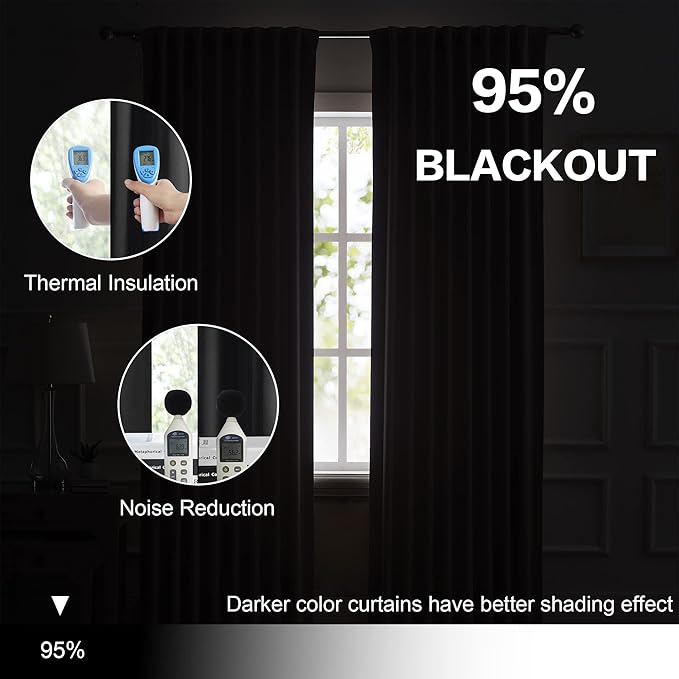 DUALIFE 2 Pcs Blackout Extra Long Black Curtains/Drapes 132 Inch Length - Image 6
