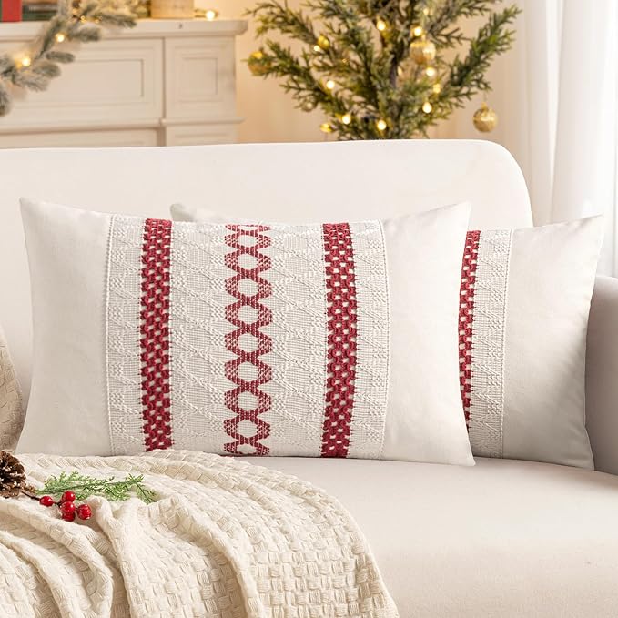 MIULEE Set of 2 Christmas Red Boho Decorative Lumbar Pillow Covers 12x20 Inch by MIULEE