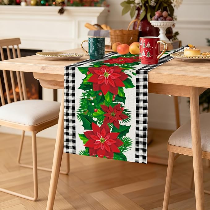 OTOSTAR Black and White Buffalo Check Plaid Holly Christmas Flowers Table Runner - Image 9