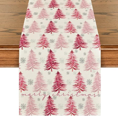 Artoid Mode Xmas Trees Snowflake Christmas Table Runner, Seasonal Winter Pink by ArtoidMode