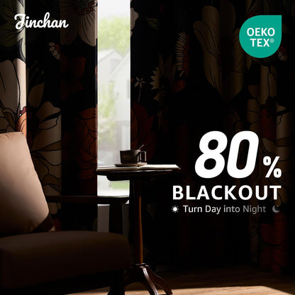 jinchan black boho floral blackout curtains 84 inch, side view