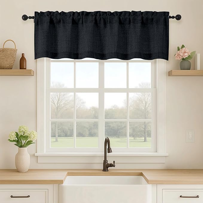 OVZME Black Valance for Windows, Light Filtering Faux Linen Textured Small by OVZME