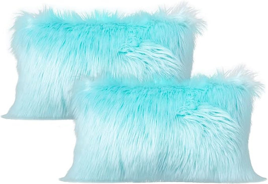 LIGICKY Set of 2 Decorative Teal Fluffy Lumbar Soft Turquoise Faux Fur Throw by LIGICKY