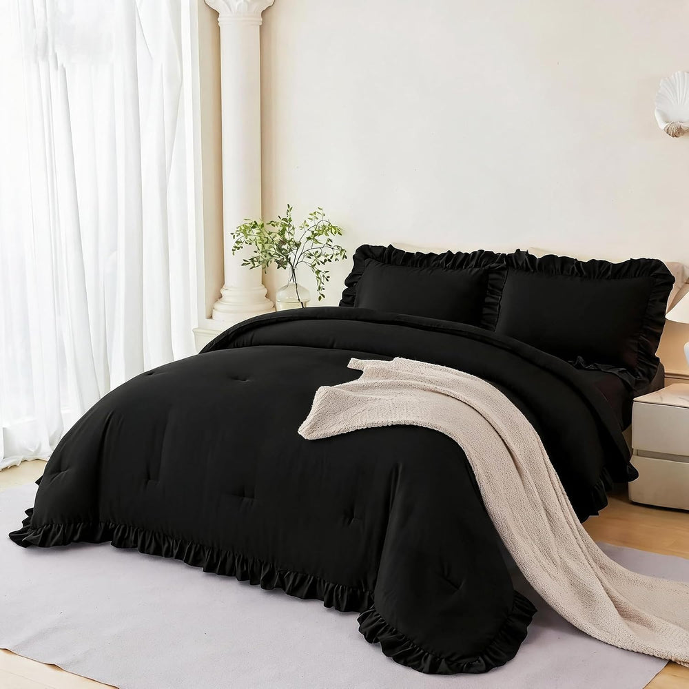 ANGIYUIN Black Queen Size Comforter Set 5Pcs Ruffle Bed in A Bag