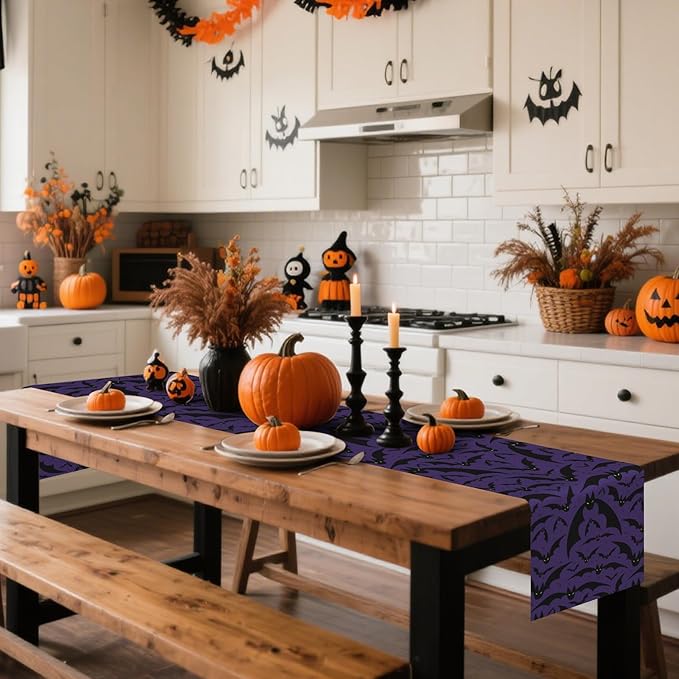 Happy Halloween Table Runner Horror Purple Bats Seasonal Holidays Indoor - Image 2