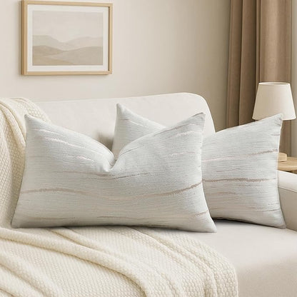 HAUSSY Cream Throw Pillow Covers 12x20 Inch Set of 2, Boho Embossed Striped by HAUSSY