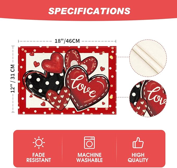 Artoid Mode Red Dot Heart Love Valentine Placemats Set of 4, 12x18 Inch Wedding - Image 6