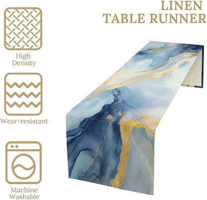 Marble Table Runner, Modern Grey Blue Gold Abstract Table Dresser Runners - Image 4