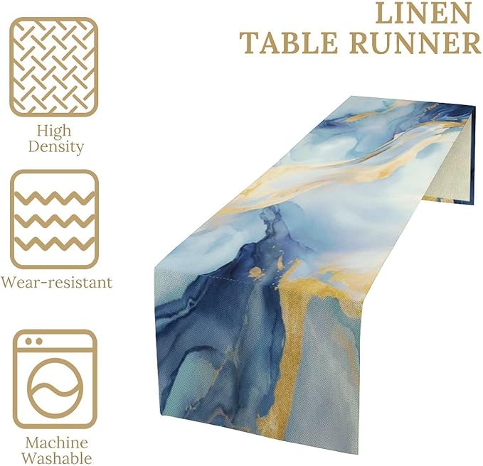 Marble Table Runner, Modern Grey Blue Gold Abstract Table Dresser Runners - Image 4