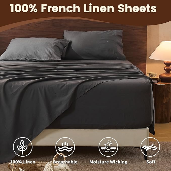 100% Linen Sheet Set King Size Extra Deep Pocket Fits 18-24 Inch Mattress - Image 4