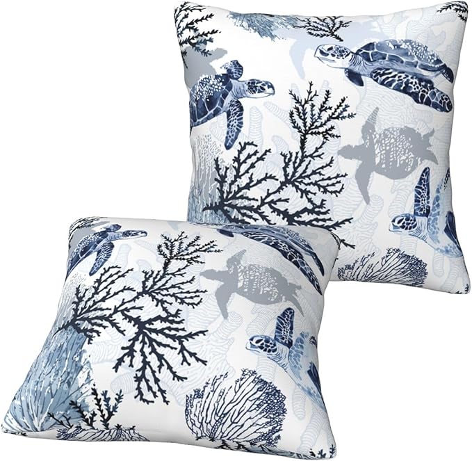 Nautical Blue Pillow Covers 18x18 Inch Coastal Beach Themed Coral Sea Turtle - Image 2