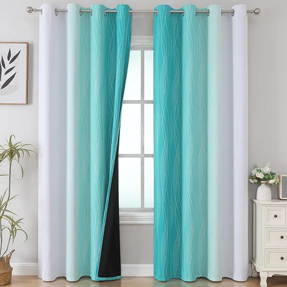 Estelar Textiler Teal and Grayish White Blackout Curtains 108 Inches Long - Image 2
