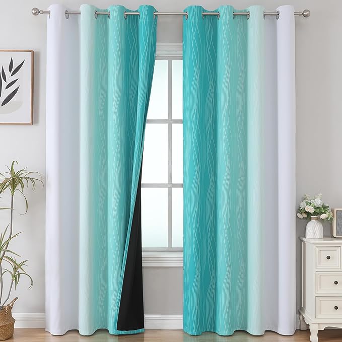 Estelar Textiler Teal and Greyish White Ombre Blackout Curtains 90 Inch Length - Image 2