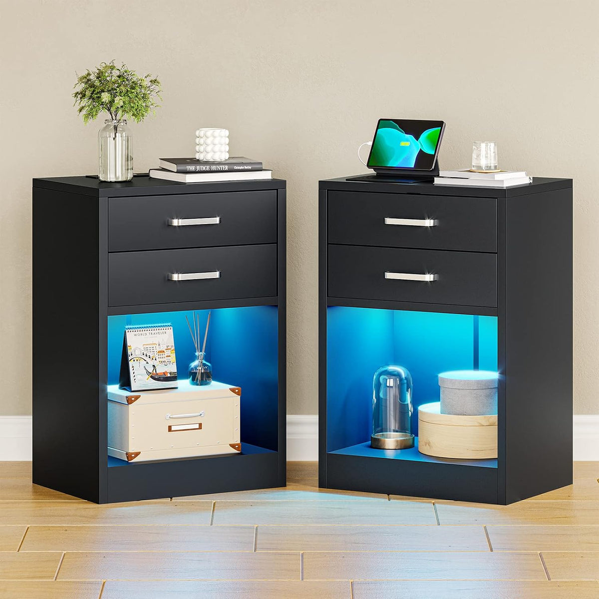 adorneve black nightstand set of 2,led bedside table, main product view