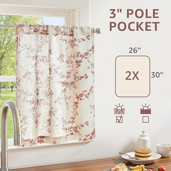 jinchan Floral Kitchen Curtains 30 Inch Christmas Decor Linen Tier Curtains - Image 2
