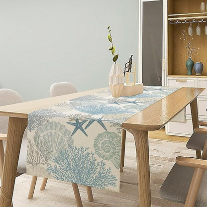 Blue Teal Coral Table Runners, Summer Beach Starfish Coastal Coffee Table - Image 3