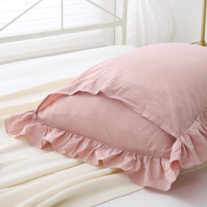 Ruffle Pillowcases Farmhouse Pillow Shams Standard Set of 2, Shabby Dusty Pink - Image 5