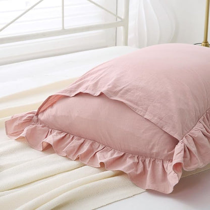 Ruffle Pillowcases Farmhouse Pillow Shams Standard Set of 2, Shabby Dusty Pink - Image 5