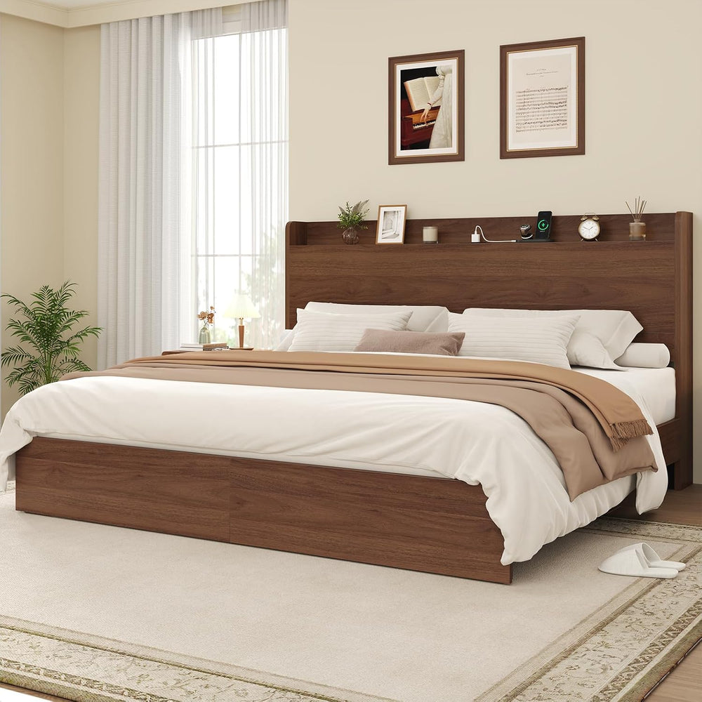 King Size Bed Frame with Storage Headboard & 2 Drawers, Mid-Century Moder...