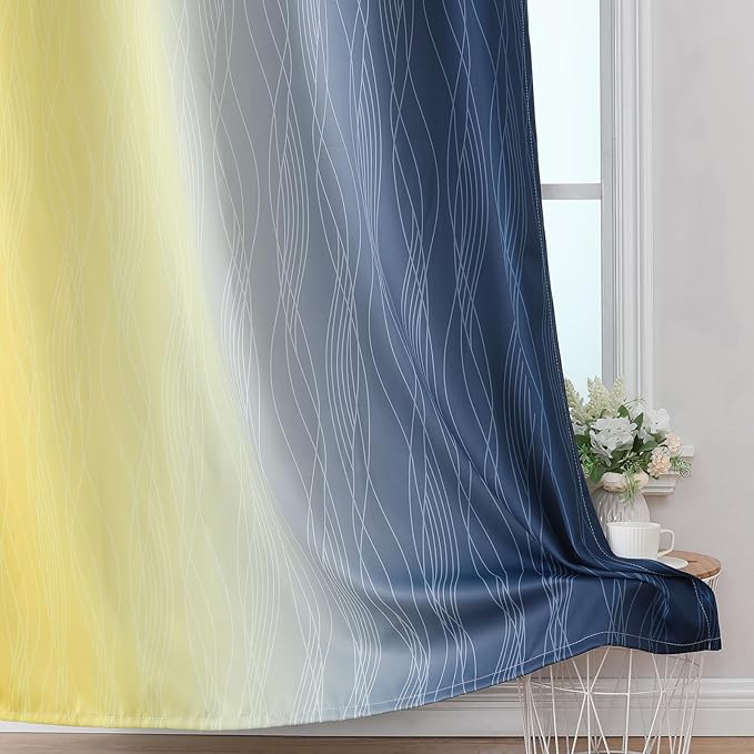 Estelar Textiler Yellow and Navy Blue Ombre Blackout Curtains - Image 6