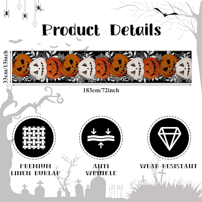 Happy Halloween Table Runner Pumpkin Black Spider Web Fall Kitchen Dining Table - Image 6