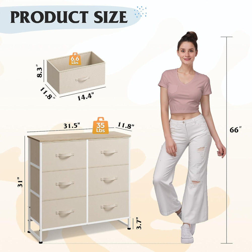 WLIVE Beige Fabric Dresser for Bedroom, 6 Drawer Dressers, Chest of Drawers