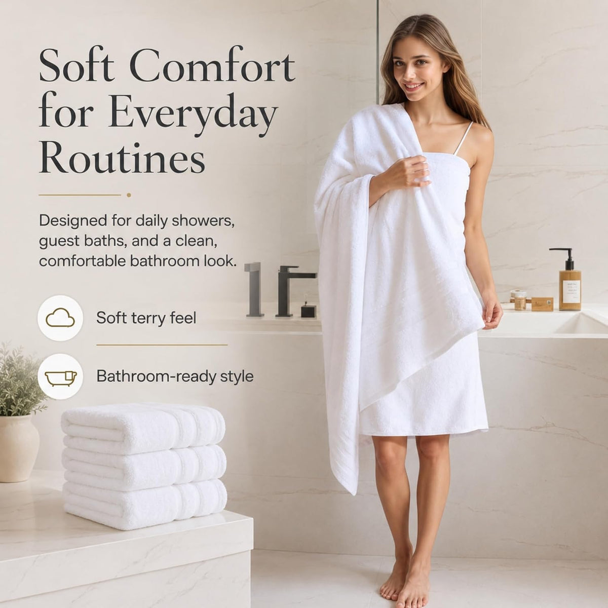 velqora large 100% cotton bath towels 4 pack shown in use