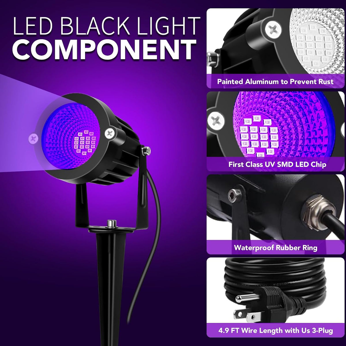 Halloween LED Black Light: 15W Spot Lights Outdoor UV Spotlight for Halloween Christmas | 2 PacK 110V Plug-in Blacklight with IP65 Waterproof for Party Body Paint Fluorescent Poster Neon Glow
