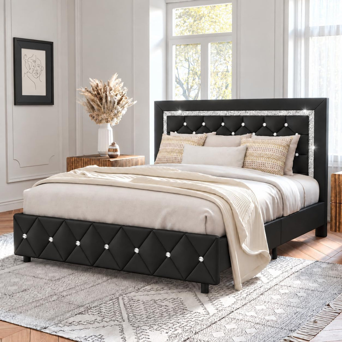 hombck full size bed frame, upholstered platform bed, main product view