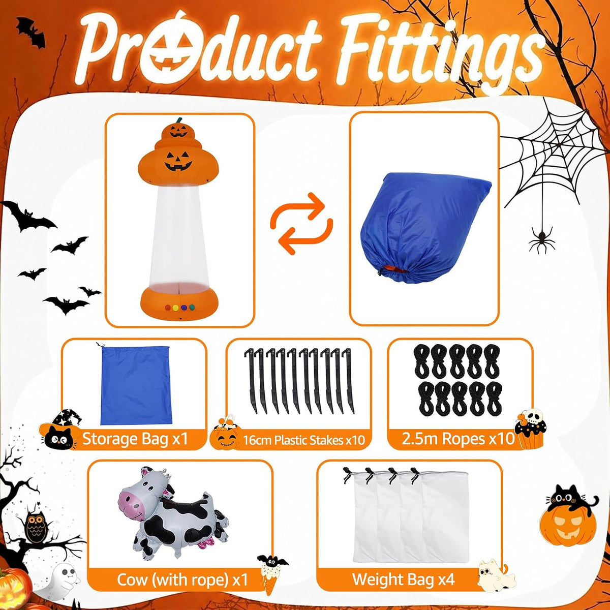 9 FT Halloween Inflatable Pumpkin, UFO Unique Alien Cow Abduction Design