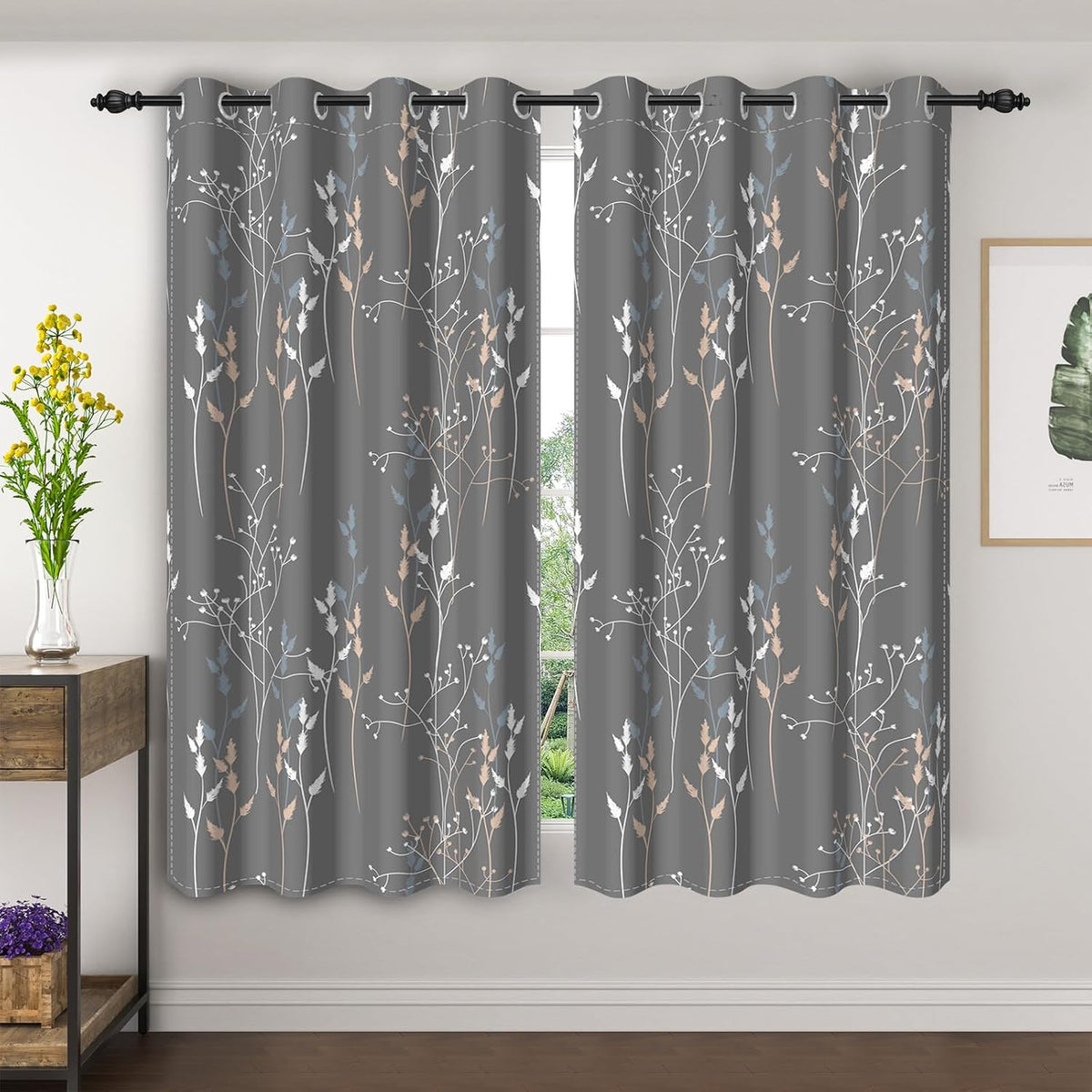 gray leaves blackout curtains 63 inch length, room, main product view