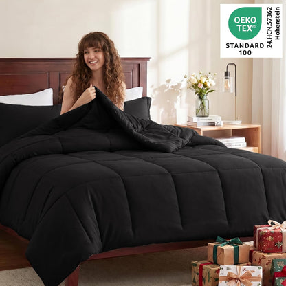 cozylux full size comforter sets, 3-piece box-stitched, black, close-up detail