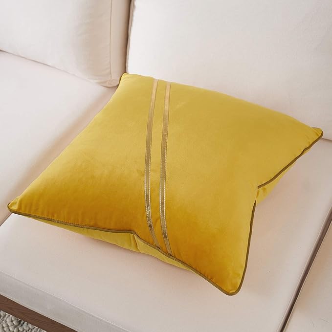 Avigers 20 x 20 Inch Yellow Gold Leather Striped Lines Velvet Cushion Case - Image 3